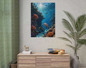 Underwater Sea Turtle Poster, Coral Reef Realistic Art, Tropical Fish Wall Decor, Ocean Depths Colorful Print, Life Beneath Sea Poster