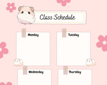 Horario Escolar Editable para Niñas, Tema de Útiles Escolares, Horario Escolar Imprimible, Horario de Clases Primarias de Acuarela, Tema de Hámster