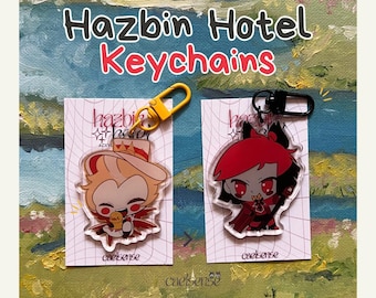Chaveiro de acrílico do Hotel Hazbin: Lúcifer e Alastor desenhados à mão