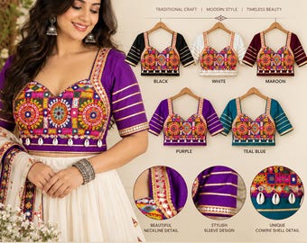 Kutchi Mirror Work Blouse | Multicolor Embroidery, Cowrie Shell Accents (Teal, Purple, Black, Maroon, White)