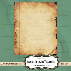 May include: A digital paper image featuring a worn ledger texture with a vintage aesthetic. The paper has a tan color with horizontal lines and a torn edge. The image includes numbers and the text "WORN LEDGER TEXTURED BACKGROUND PAPERS". The paper measures 8.5" x 11".