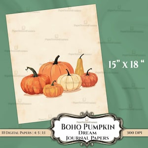 Könnte beinhalten: Ein digitales Papier-Set mit einer Sammlung von Kürbissen in verschiedenen Größen und Farben, darunter Orange und Weiß. Die Kürbisse sind auf einem beigefarbenen Papier mit dem Text "BOHO PUMPKIN DREAM JOURNAL PAPERS" angeordnet. Das Papier misst 38 cm x 46 cm.