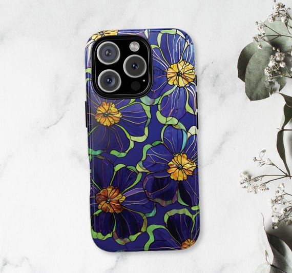ステンドグラスの花柄スマホケース：アールヌーボーブルーフラワー