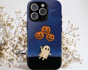 Pumpkin Halloween Phone Case - Cute Ghost with Jack-o-Lantern Balloons, Spooky Fall Aesthetic, Compatible with iPhone, Galaxy, Pixel
