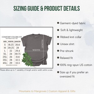 May include: Sizing guide and product details for a grey t-shirt. The chart shows sizes from S to 4XL with corresponding width and length measurements in inches. The t-shirt is made of garment-dyed fabric, is soft and lightweight, has a ribbed knit collar, is unisex, pre-shrunk, relaxed fit, and made of 100% ring-spun US cotton.