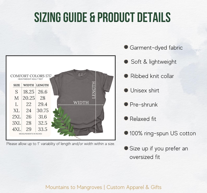 May include: Sizing guide and product details for a grey t-shirt. The chart shows sizes from S to 4XL with corresponding width and length measurements in inches. The t-shirt is made of garment-dyed fabric, is soft and lightweight, has a ribbed knit collar, is unisex, pre-shrunk, relaxed fit, and made of 100% ring-spun US cotton.