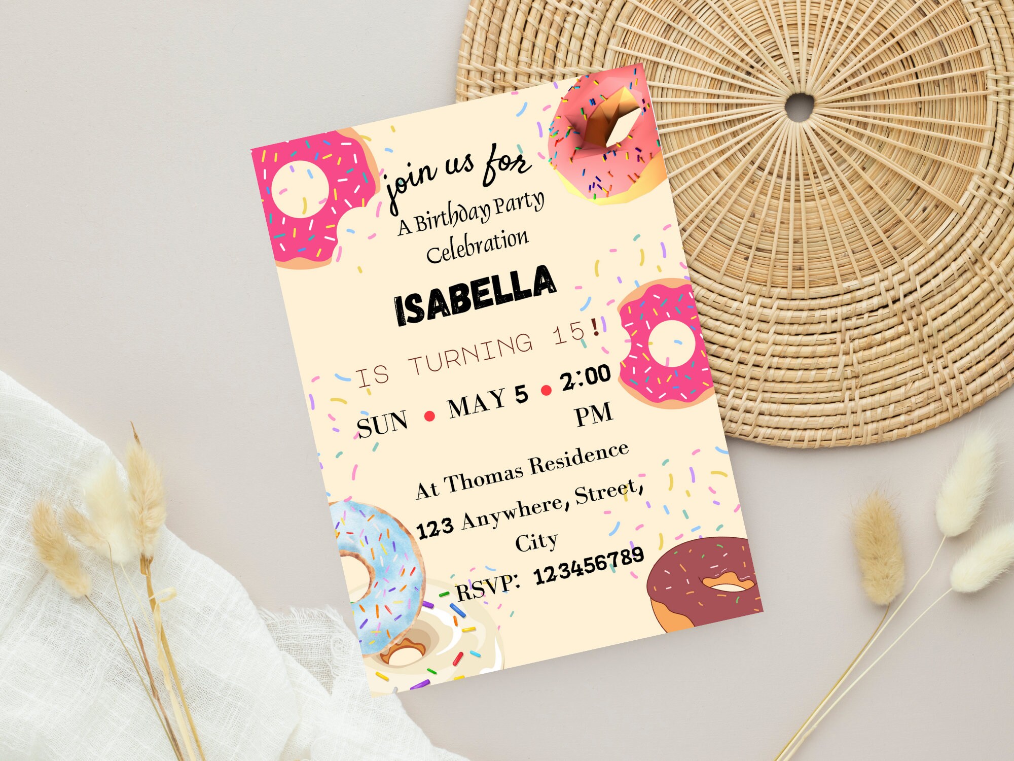 EDITABLE Donut Birthday Invites Template, Pink Donut Girl Invitation ...