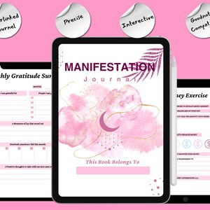 May include: Digital manifestation journal displayed on three tablets. The central tablet features the title "Manifestation Journal" with a pink floral design. The journal includes sections for gratitude and money exercises. The text "This Book Belongs To" is also visible.
