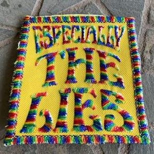 May include: A yellow embroidered patch with a rainbow border. The text "ESPECIALLY THE" is in rainbow colors and the word "LIES" is in rainbow colors with a yellow outline.