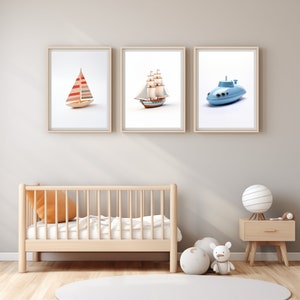 Nautical Nursery Wall Art Ocean Baby Room Decor Set of 3 Unframed Prints Sailboat Lighthouse and Anchor Illustrations Ideal Baby Shower Gift