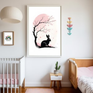 Zen Rabbit Wall Art Printable – Japanese Sakura Minimalist Easter Decor – Modern Bunny Silhouette Print
