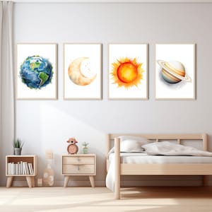 Watercolor Celestial Nursery Wall Art Sun, Earth, Moon & Saturn Prints Space Theme Kids Room Decor Digital Download Unframed Playroom Art