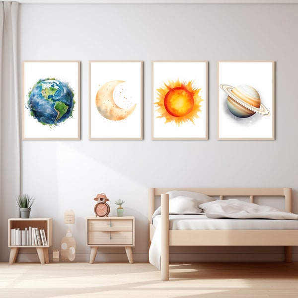 Watercolor Celestial Nursery Prints Sun, Earth & Moon Nursery Wall Art, Playroom Decor, Kids room decor, Girls Room Decor, Digital Download