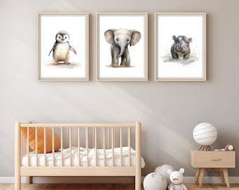 Watercolor Safari Animals Nursery Wall Art, Playroom Decor, Nursery Prints, Kids room decor, Girls Room Decor, Digital Download