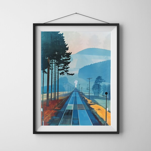 Misty Mountain Railroad Wall Art, Tranquil Landscape Poster, Travel Inspired Prints, Modern Journey Art, Digital download