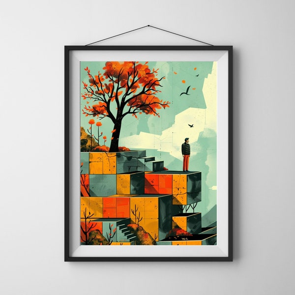 Autumn Reflections Wall Art, Modern Landscape Poster, Abstract Nature Prints, Urban Serenity Art, Thoughtful Gift, Digital download