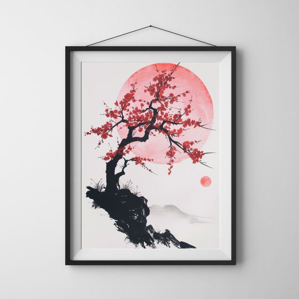 Japandi Wall Art: Crimson Sakura Moonlight, Ethereal Blossoms, Nighttime Whispers, Digital Download, AI Generated Art - WA0015