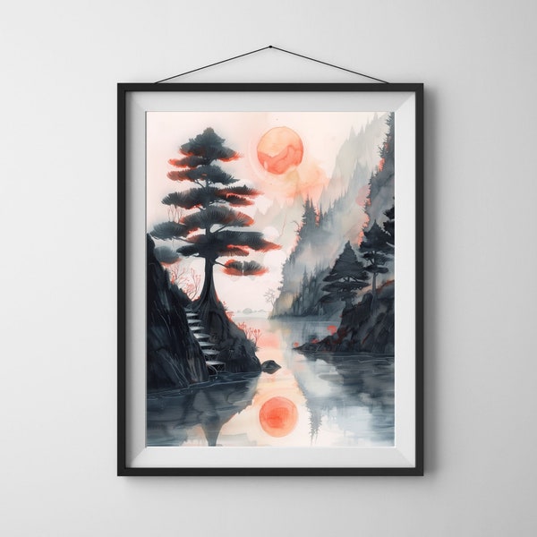 Mystic Mountain Sunrise Wall Art, Red Moon Poster, Serene Pine Art, Reflective Lake Prints, Japanese Inspired Art, Digital download