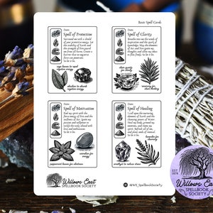 May include: Four black and white illustrated cards with a white background. Each card features a different spell with a title, description, and a corresponding crystal and herb. The cards are titled "Spell of Protection", "Spell of Clarity", "Spell of Motivation", and "Spell of Healing".