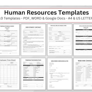 Może przedstawiać: Zestaw dziesięciu szablonów zasobów ludzkich w formatach PDF, Word i Google Docs. Szablony obejmują formularze kontaktowe w nagłych wypadkach, umowy o pracę, wnioski o urlop i listy kontrolne dla nowych pracowników. Formaty A4 i US Letter.