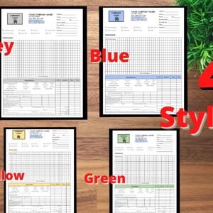 May include: Four styles of business forms are displayed, each with a different colored header: grey, blue, yellow, and green. The forms have a company logo, contact information, and sections for data entry. The word "Styles" is in red.