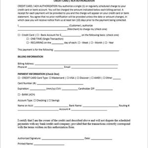 Puede incluir: Un documento blanco titulado "AUTORIZACIÓN DE TARJETA DE CRÉDITO / ACH" con campos rellenables para la información del cliente y del comerciante. Incluye secciones para la facturación y los detalles del pago, como el tipo de tarjeta, el número y la fecha de caducidad.