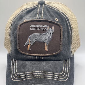 May include: A distressed charcoal gray baseball cap with a tan mesh back. The front features a brown patch with an embroidered Australian Cattle Dog and the text "AUSTRALIAN CATTLE DOG". The cap has white stitching and a worn look.