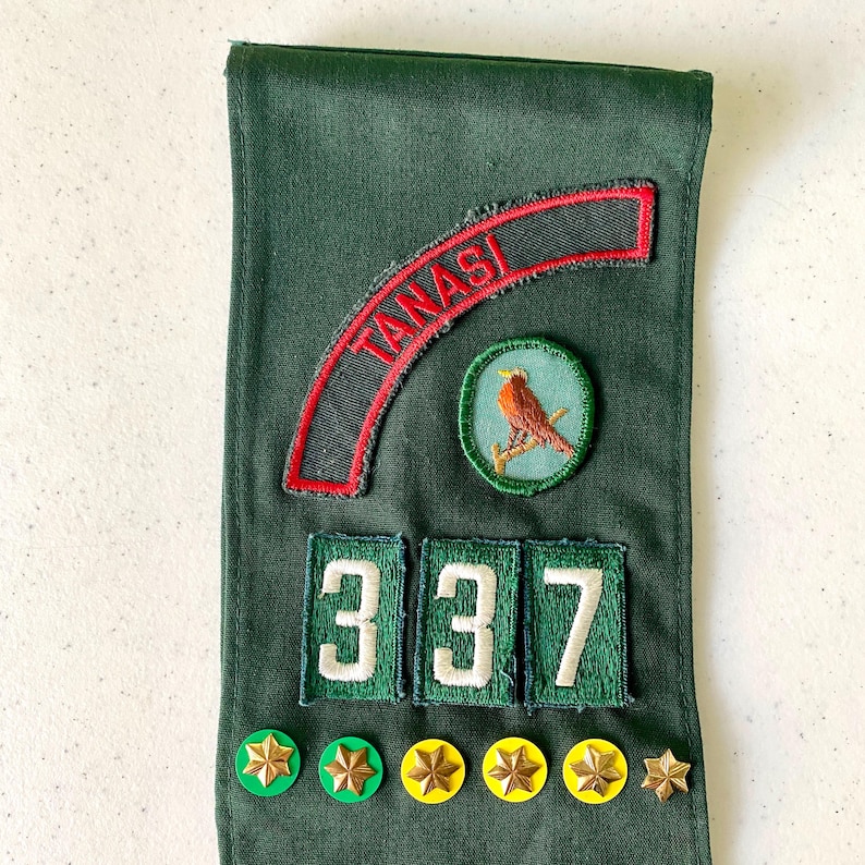 May include: Dark green fabric with embroidered patches. Includes a red arched patch with "TANASI" in white, a circular patch with a bird, and the numbers "337". Several gold and green star-shaped pins are also visible.