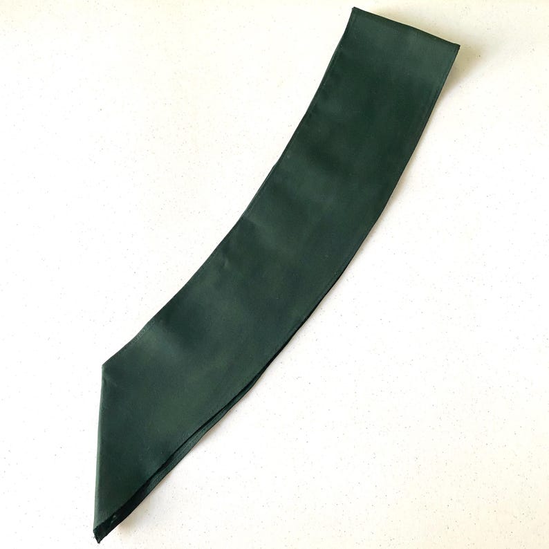 May include: A dark green satin sash, angled across the frame. The fabric has a slight sheen, and the edges are neatly finished. The sash is a solid color, with no visible patterns or embellishments. It is likely used for formal events or as an accessory.