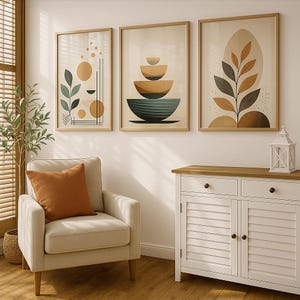 Conjunto de 3 Boho Prints – Arte de Parede Moderna em Tons de Terracota com Linhas Botânicas e Geométricas