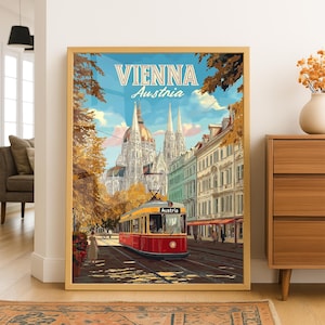 Vintage Wien Reiseplakat Digitaler Download – Rote Straßenbahn und Stephansdom Wandkunst