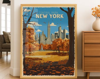 Central Park New York City Skyline Printable Wall Art - Autumn Landscape Illustration