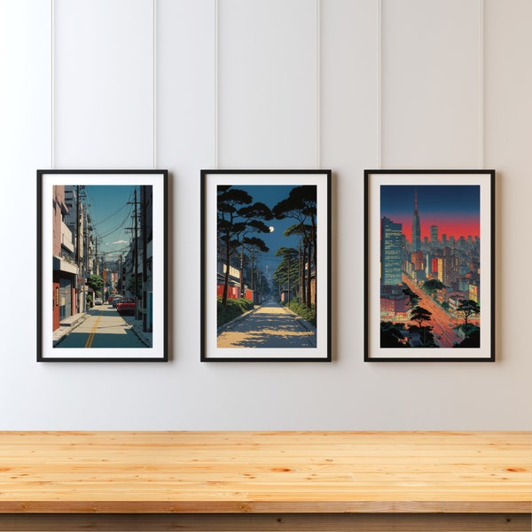 3er Set City pop Poster Print, Sommer Tageszeit, Landschaft Kunst, Poster Retro, Japanische Ästhetik, Pop Art, Vintage Print 90er 80er Jahre