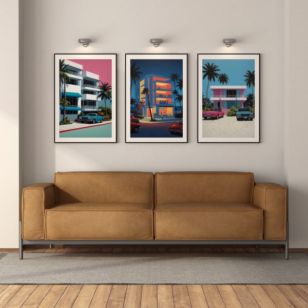 3er Set City Poster Print, Ocean Drive,  Landschaft Kunst, Poster Retro, Japanische Ästhetik, Pop Art, Vintage Print, 90er und 80er Jahre