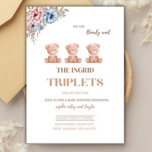 Uitnodiging babyshower drieling - berenthema | 3 meisjes | Bewerkbare sjabloon + GRATIS RSVP-kaart | Directe afdrukbare download