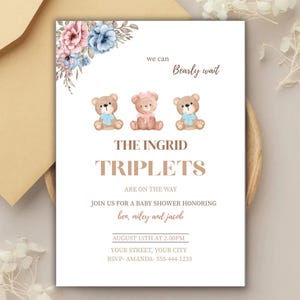 Uitnodiging babyshower drieling - berenthema | 2 jongens en 1 meisje | Bewerkbare sjabloon + GRATIS RSVP-kaart | Directe afdrukbare download