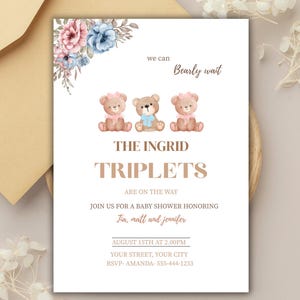 Uitnodiging babyshower drieling - berenthema | 2 meisjes en 1 jongen | Bewerkbare sjabloon + GRATIS RSVP-kaart | Directe afdrukbare download