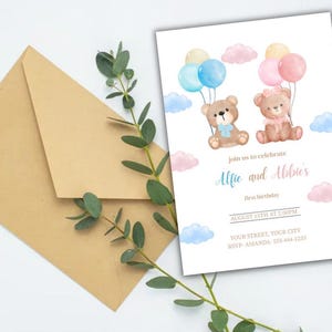 Eerste verjaardagsuitnodiging tweeling teddybeer | Bewerkbare uitnodiging voor jongen en meisje met GRATIS RSVP-kaarten | Directe afdrukbare download