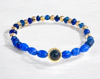 Midnight Blue Goldstone Stretch Bracelet with Gold and Blue Accent Beads