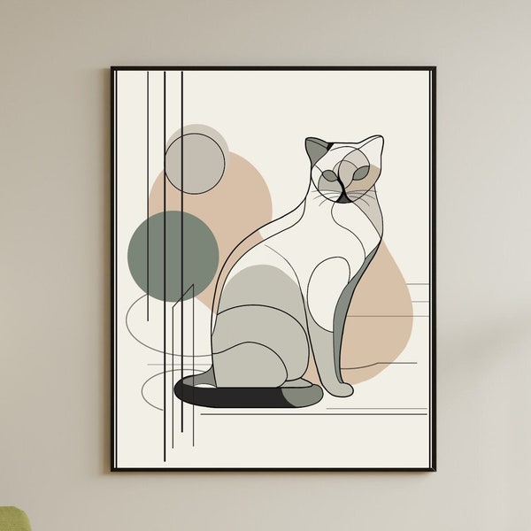 Abstract Cat Modern Neutral Mid Century Art Retro Print Minimalist Home Decor - Instant Download Cat Poster Line Art