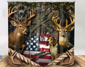 Vaso térmico delgado de 20 oz con diseño de ciervo de cola blanca, temporada de caza (PNG), bandera estadounidense patriótica de 20 oz.