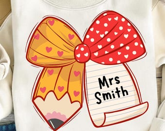 Lazo de lápiz para maestro personalizado (Png), lazo de coqueta de San Valentín (Png), diseño para el regreso a clases del maestro, diseño personalizado de agradecimiento al maestro (Png)