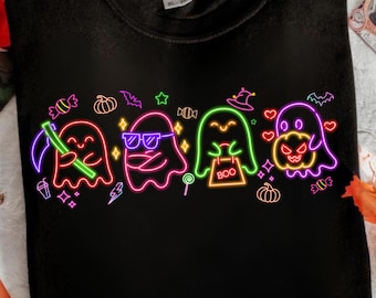 Cute Pink Neon Spooky Ghost Png, Boo Bow Png, Neon Halloween PNG, Boo Ghost Shirt Png, Retro Disco Iridescent Ghost,Cute Disco Ghost PNG