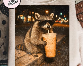 Mapache divertido bebiendo café helado (Png), Panda basura (Png), Prehistórico retro (Png), Regalo para amantes de los animales, Meme divertido de animales (Png), Mapache de café