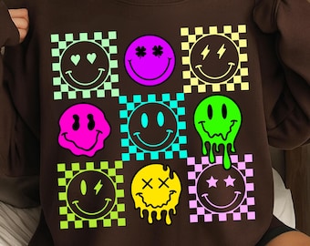 Caras sonrientes a cuadros de colores (Png), caras sonrientes de neón, diseño de camiseta para niños, caras felices (Png), neón de verano (Png), sol sonriente (Png)