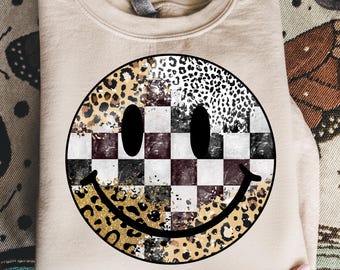 PNG de cara sonriente de leopardo a cuadros retro, PNG de cara sonriente a cuadros, diseño de sublimación con estampado de vaca con cara feliz
