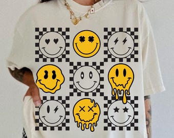 PNG de carita sonriente a cuadros de moda, diseño de sublimación de carita sonriente con efecto goteo, diseño retro para camisetas infantiles, carita sonriente con fondo a cuadros