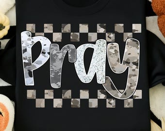 Ora PNG, Diseño de sublimación a cuadros con estampado de camuflaje, Palabra de fe, Diseño para camiseta religiosa