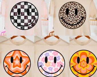 Bundle smileys rétro, Smiley rétro Png, Visages heureux colorés, Smiley léopard Png, Smiley foral, Happy Face damier Png