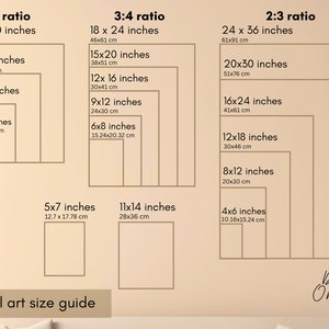 May include: A wall art size guide with different ratios and measurements in inches and centimeters. The guide shows the dimensions of various sizes of wall art, including 4:5, 3:4, and 2:3 ratios.